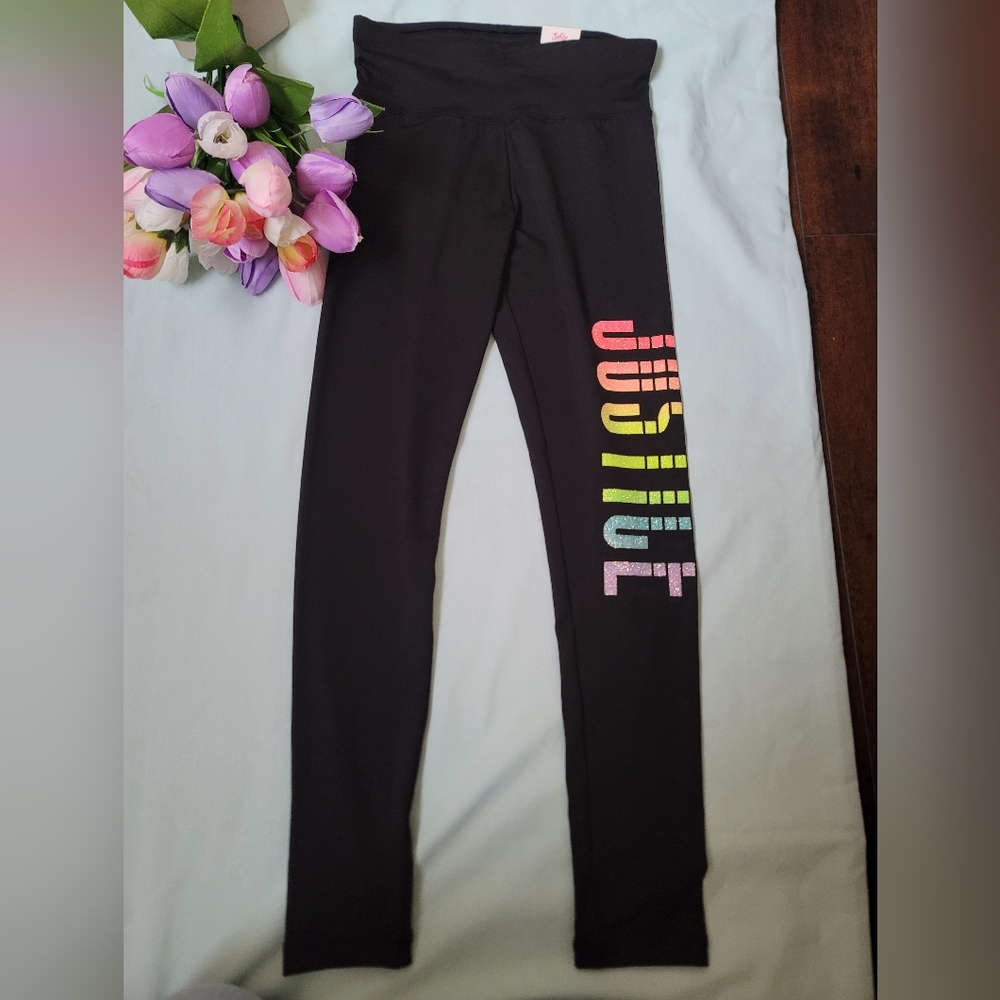 Justice Black Leggings with Rainbow Logo